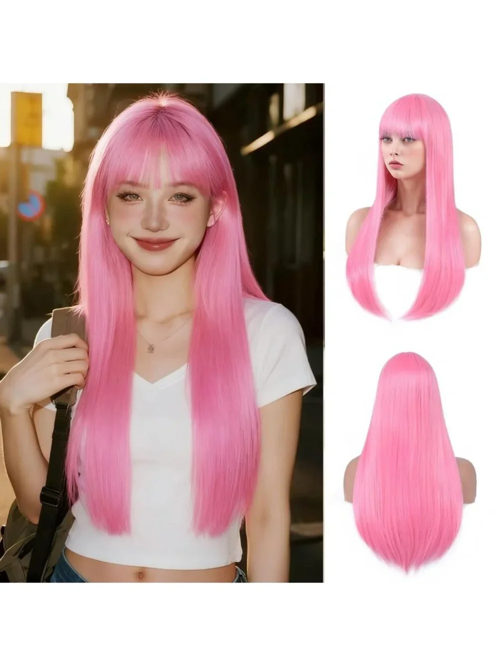 Women's Pink 24 Inch Heat Resistant Synthetic Long Straight Bangs Wig